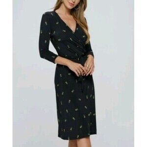 RenneC.USA V Neck Jersey Wrap Dress Size L Pineapple Print Black Tie